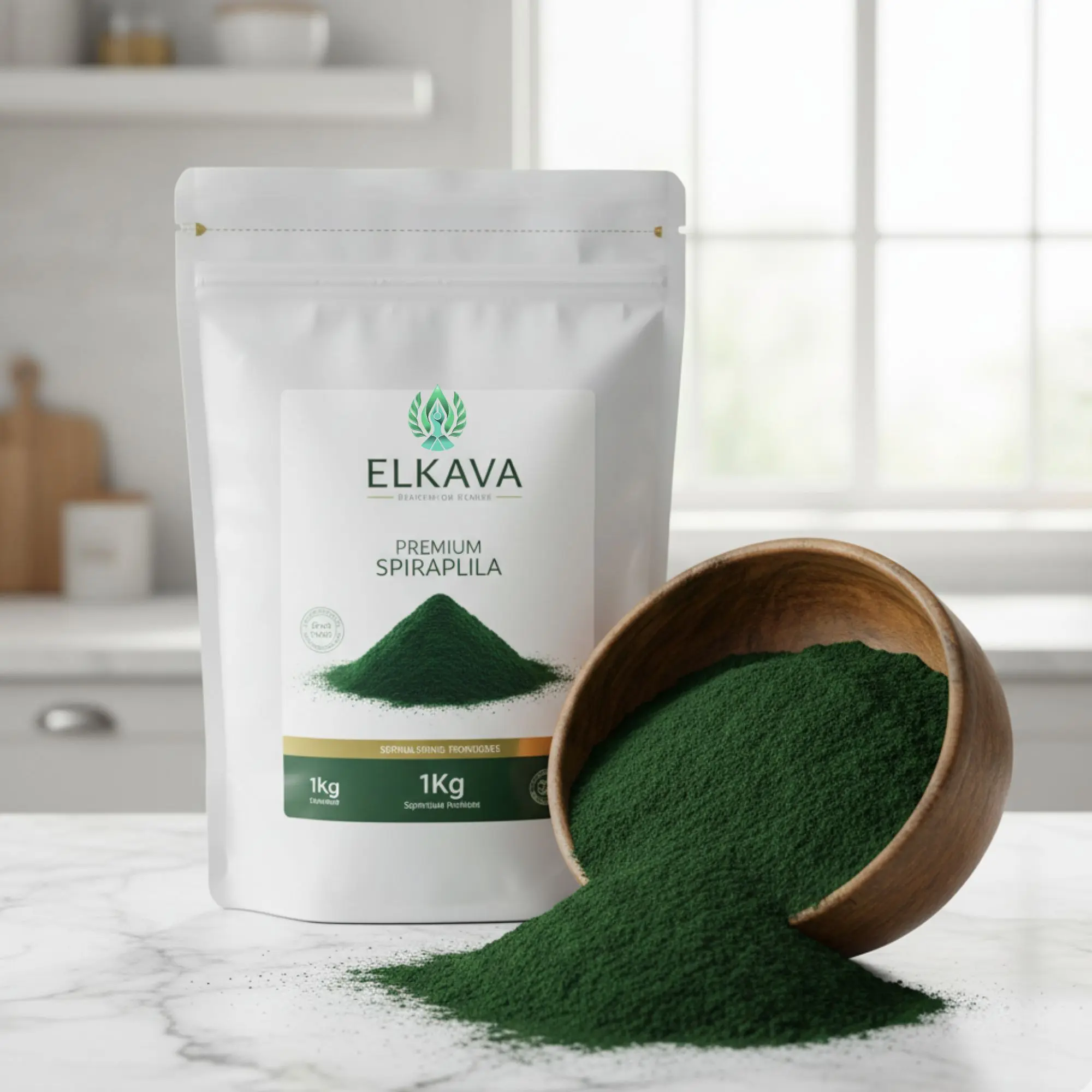 کیسه بزرگ یک کیلویی پودر اسپیرولینا الکاوا در کنار یک کاسه چوبی بزرگ که از پودر سبز رنگ و خالص لبریز شده است